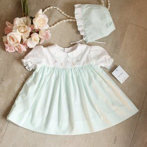 Newborn Spring Dress Set Shadow Embroidery Bunny Aqua/Mint Bloomer Bonnet NWT